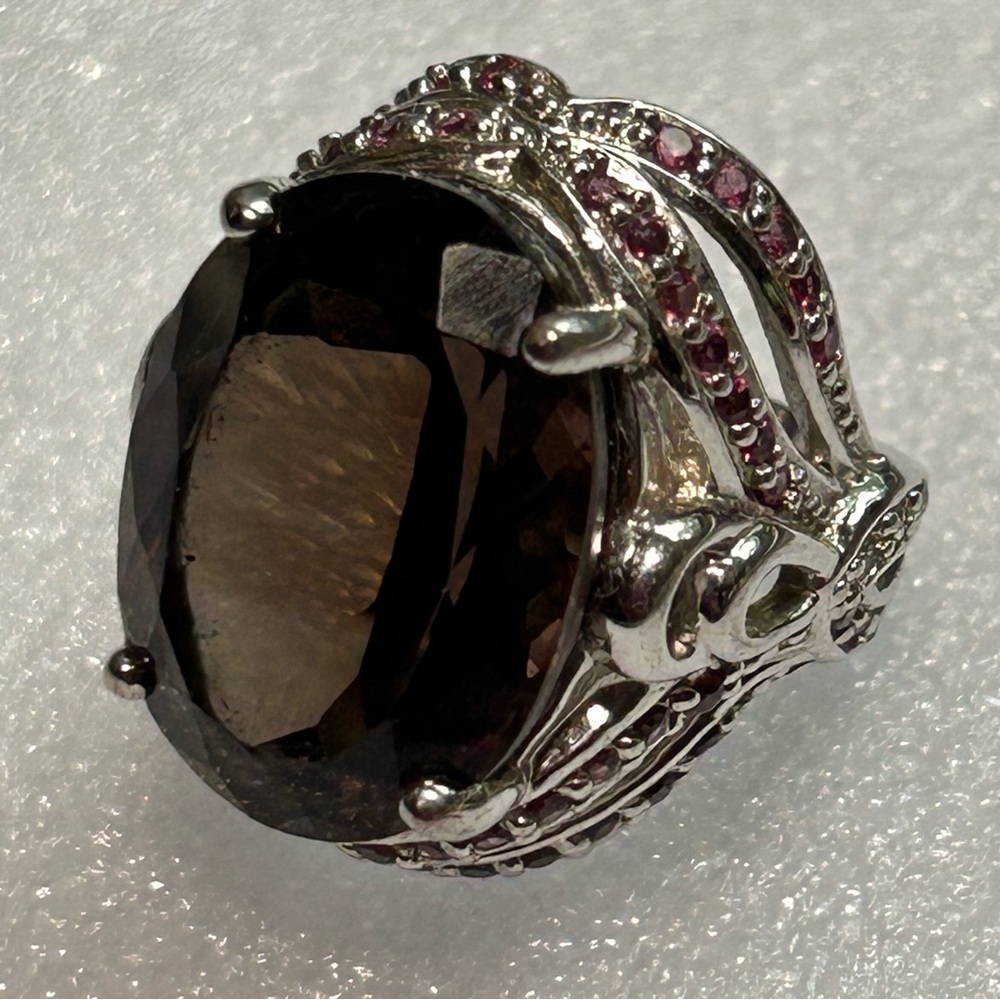 Sterling Silver Ring with Smokey Quartz Center Stone and Pink Accent Stones